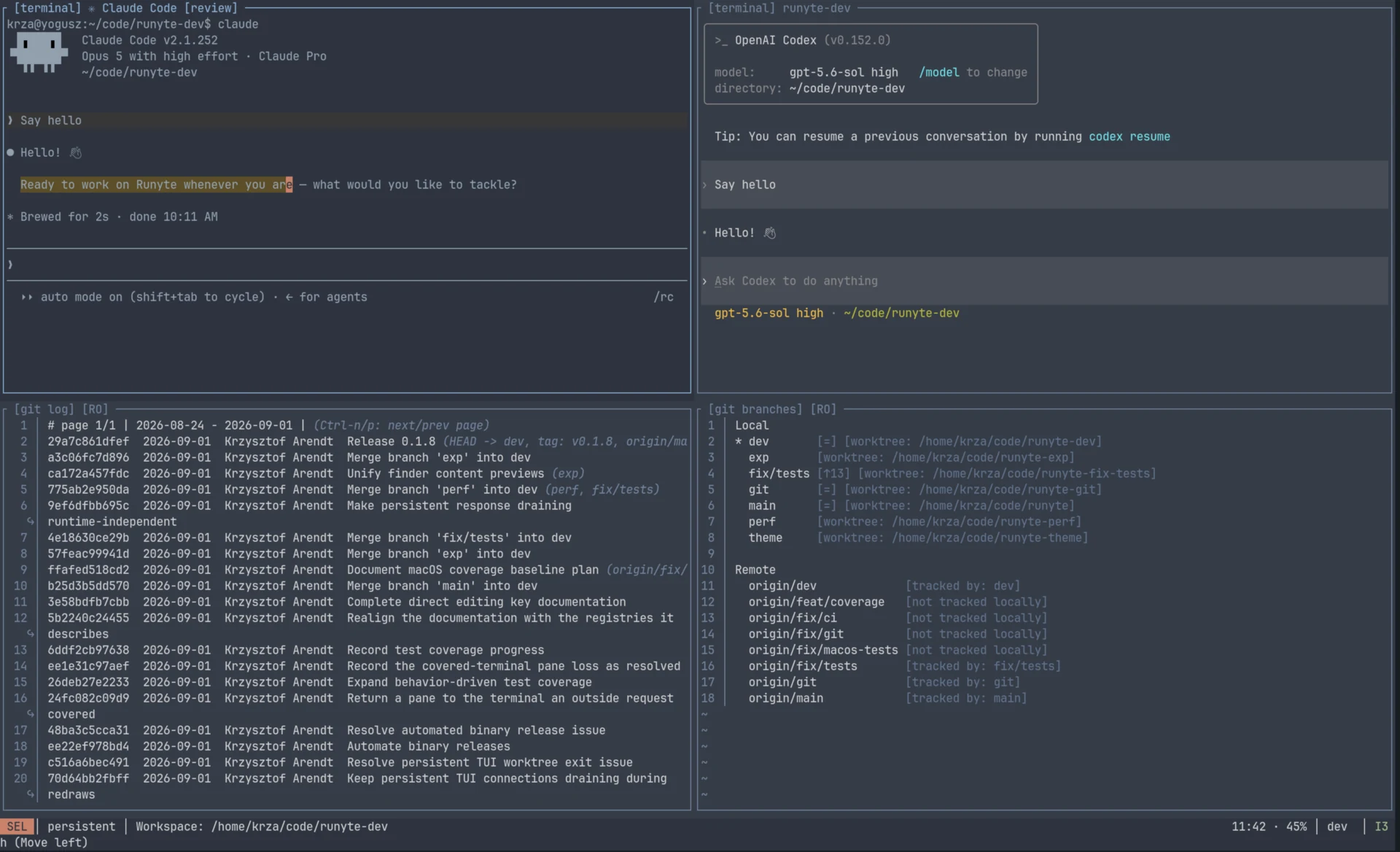 Runyte showing Claude Code and OpenAI Codex in two terminal panes above a Git log and Git branch list.