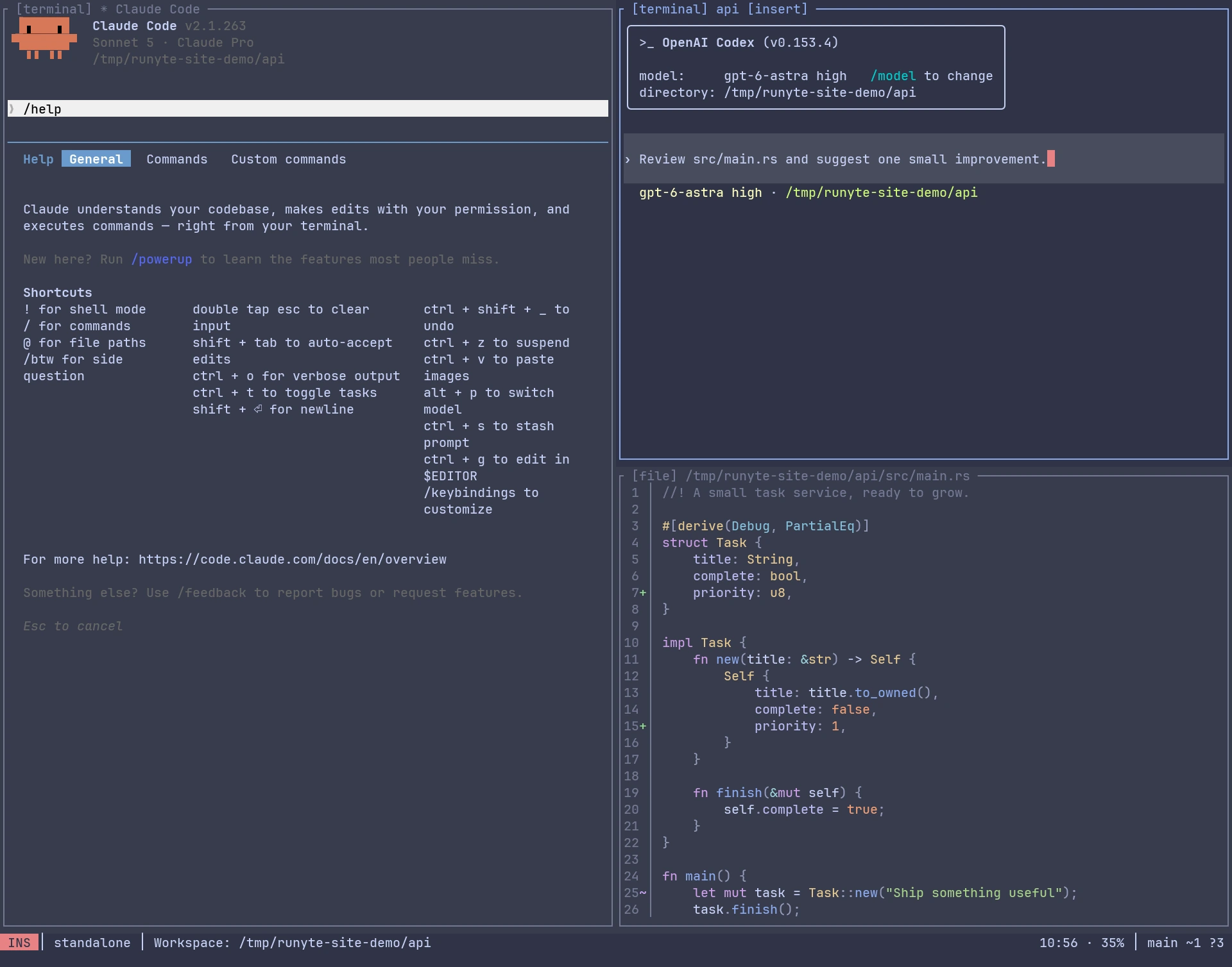 Claude Code and Codex running in adjacent Runyte terminal panes.