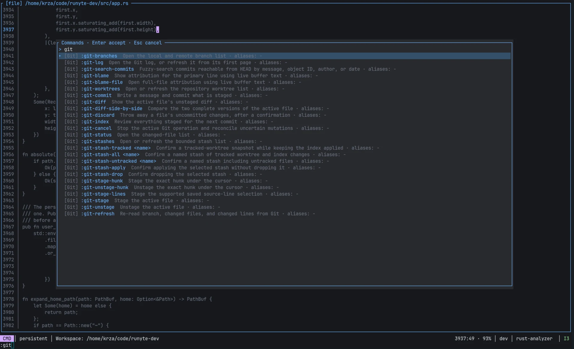 Runyte command palette filtered to Git commands over an open Rust source file.