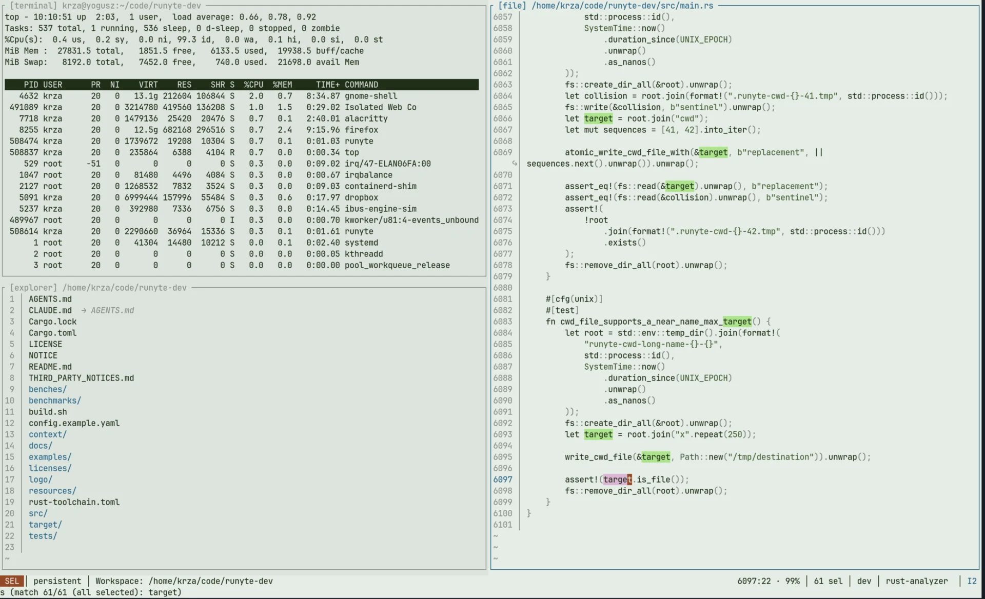 Runyte in a light theme with a process monitor and file explorer beside a Rust source file containing multiple selections.
