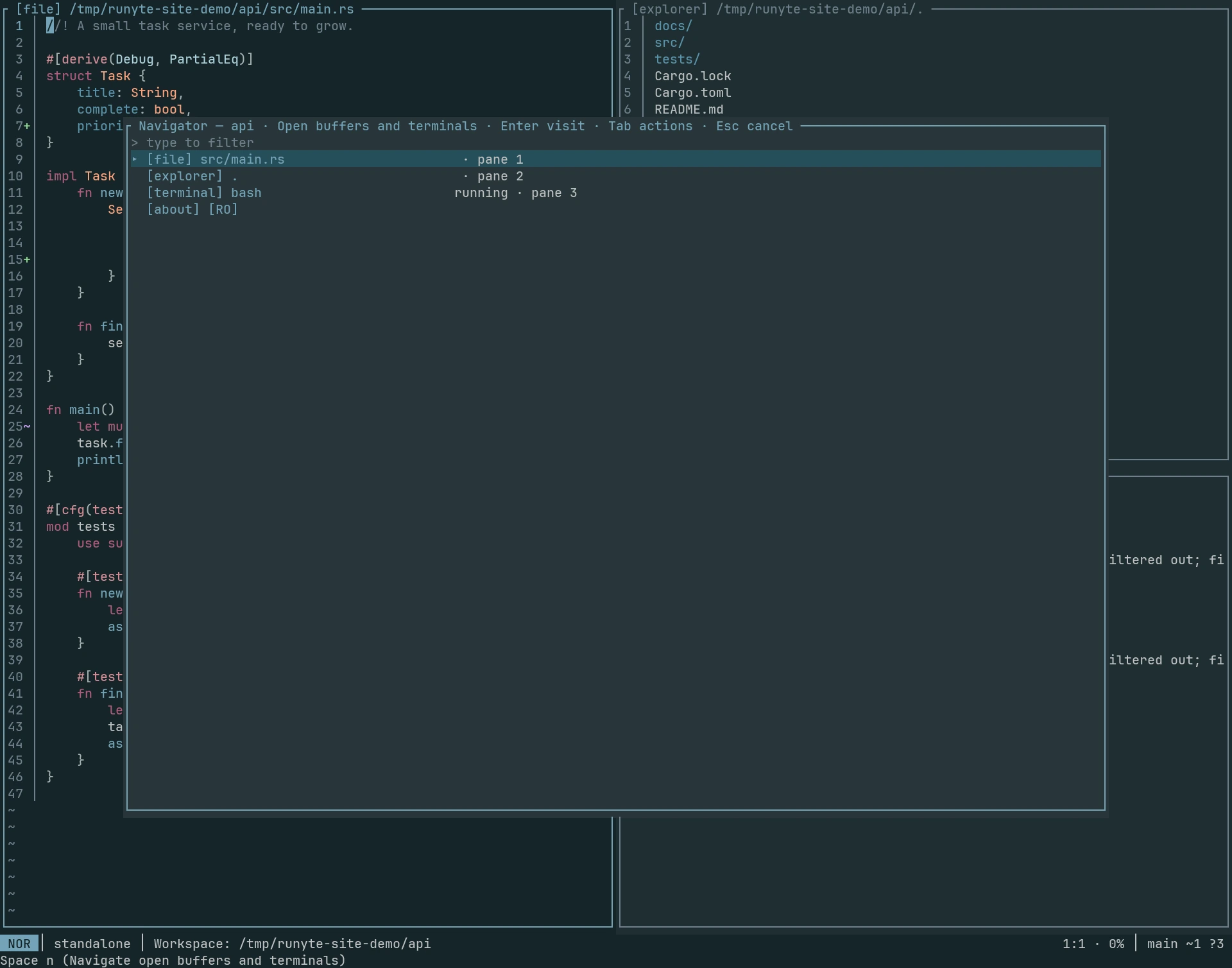 Runyte 0.2.0 Navigator listing open buffers and running terminals.