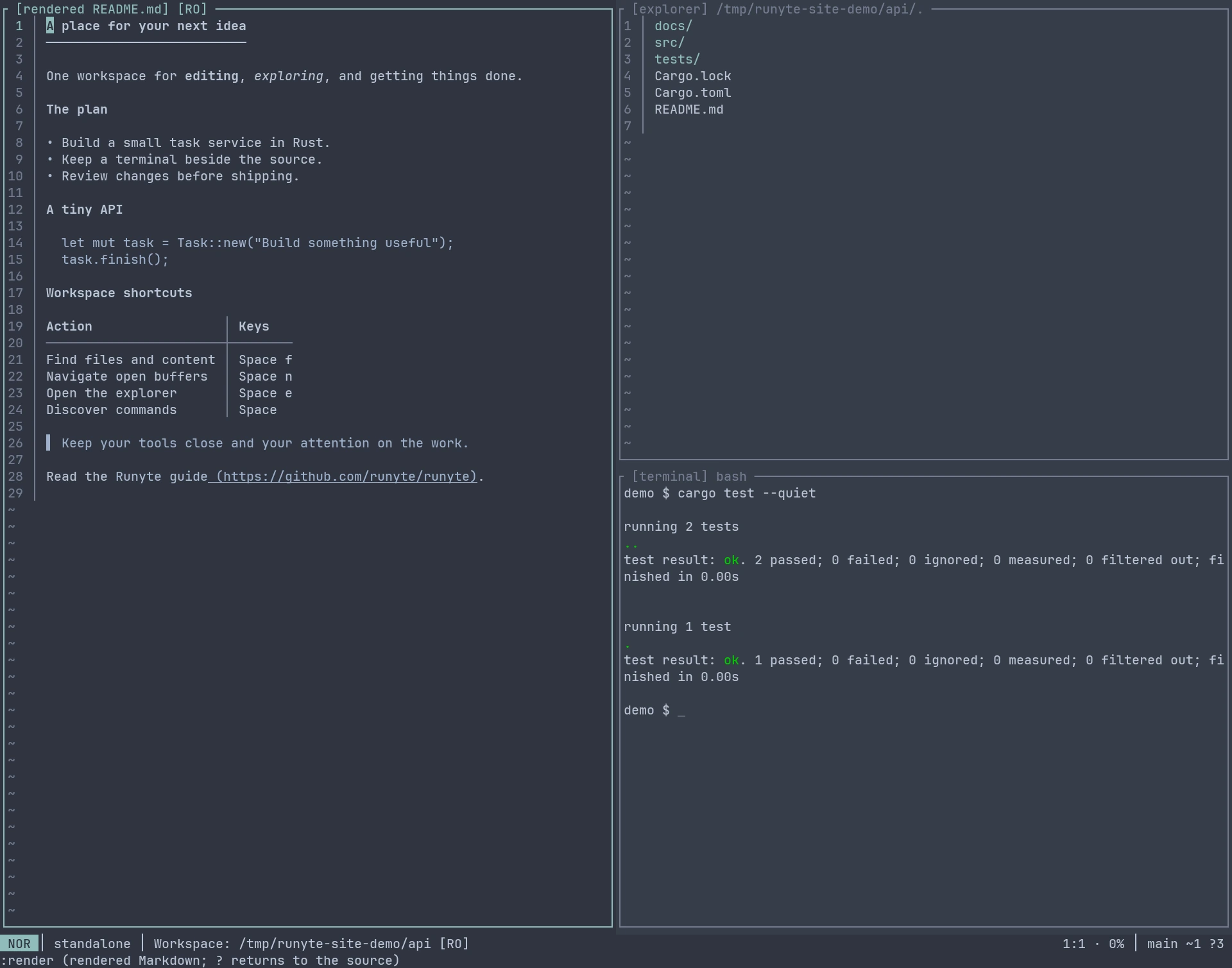 Runyte 0.2.0 displaying a Markdown document as a formatted page.