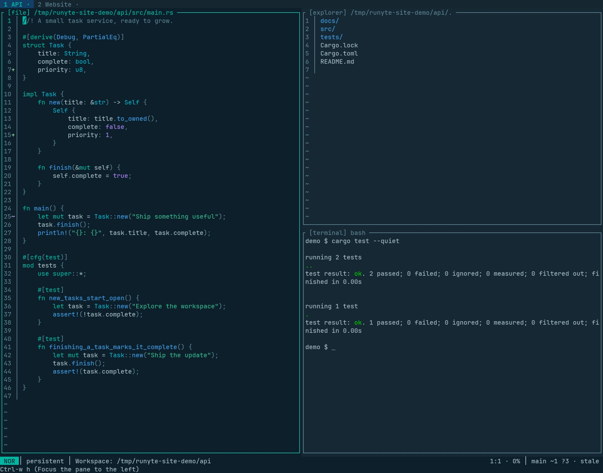Runyte 0.2.0 with a clickable strip of running persistent sessions above the editor.