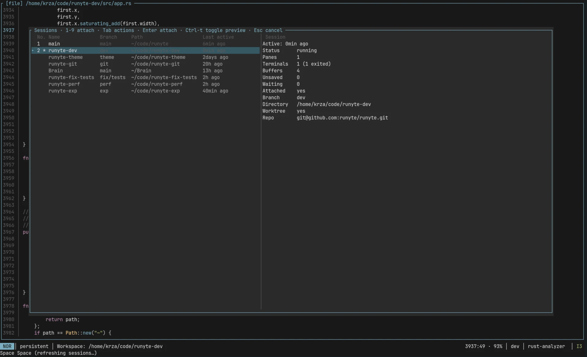 Runyte session picker listing persistent workspaces with details for the selected runyte-dev session.