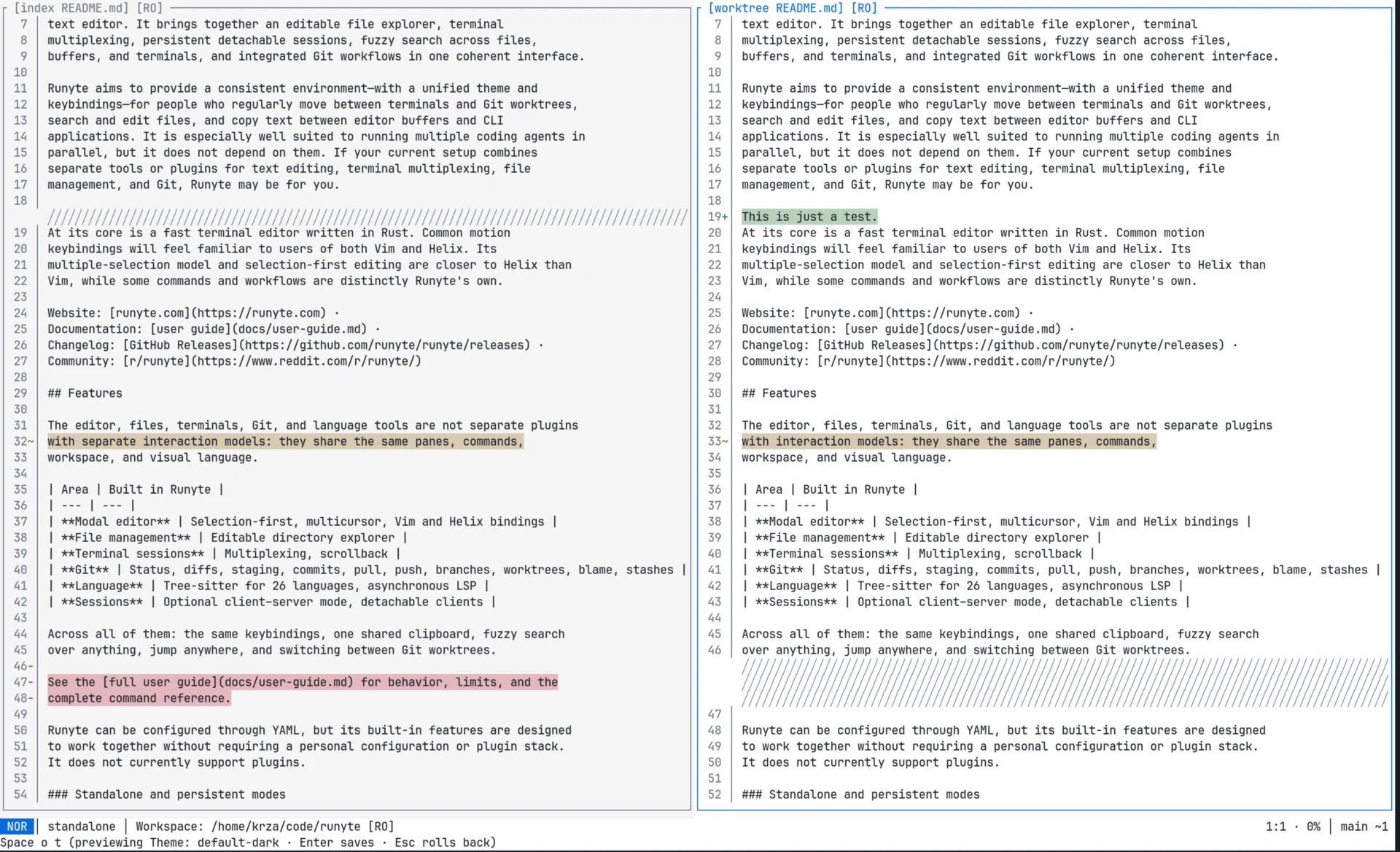 Runyte comparing the indexed and worktree versions of a README side by side, with additions and deletions highlighted.
