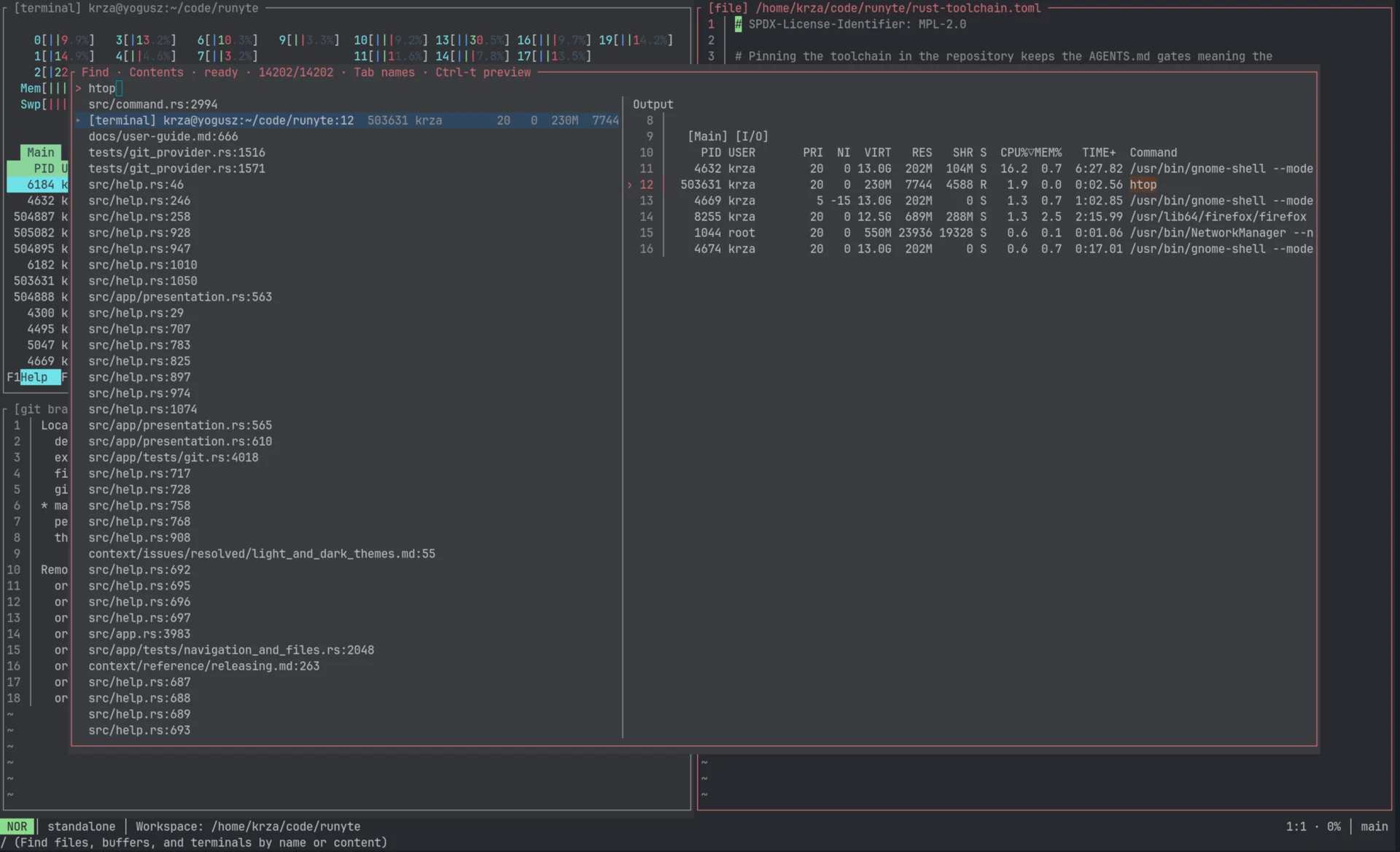 Runyte's workspace search matching htop across files and a terminal, with a result preview beside the match list.
